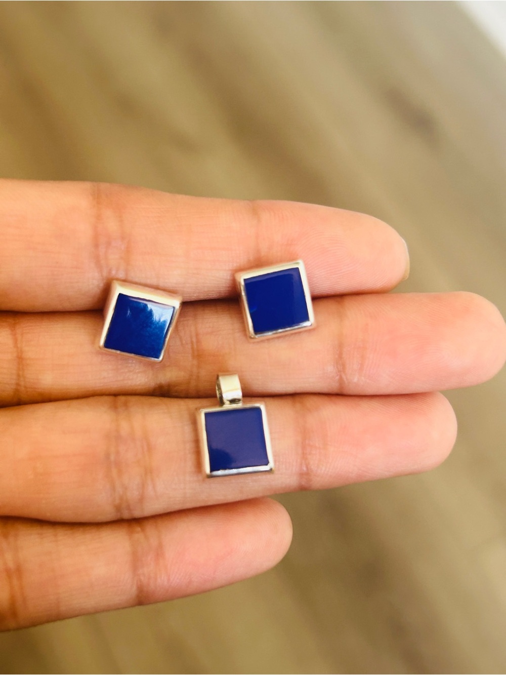 Taxco Mexico 925 Sterling Silver Blue  Stud Earrings & Pendant Set 1cm